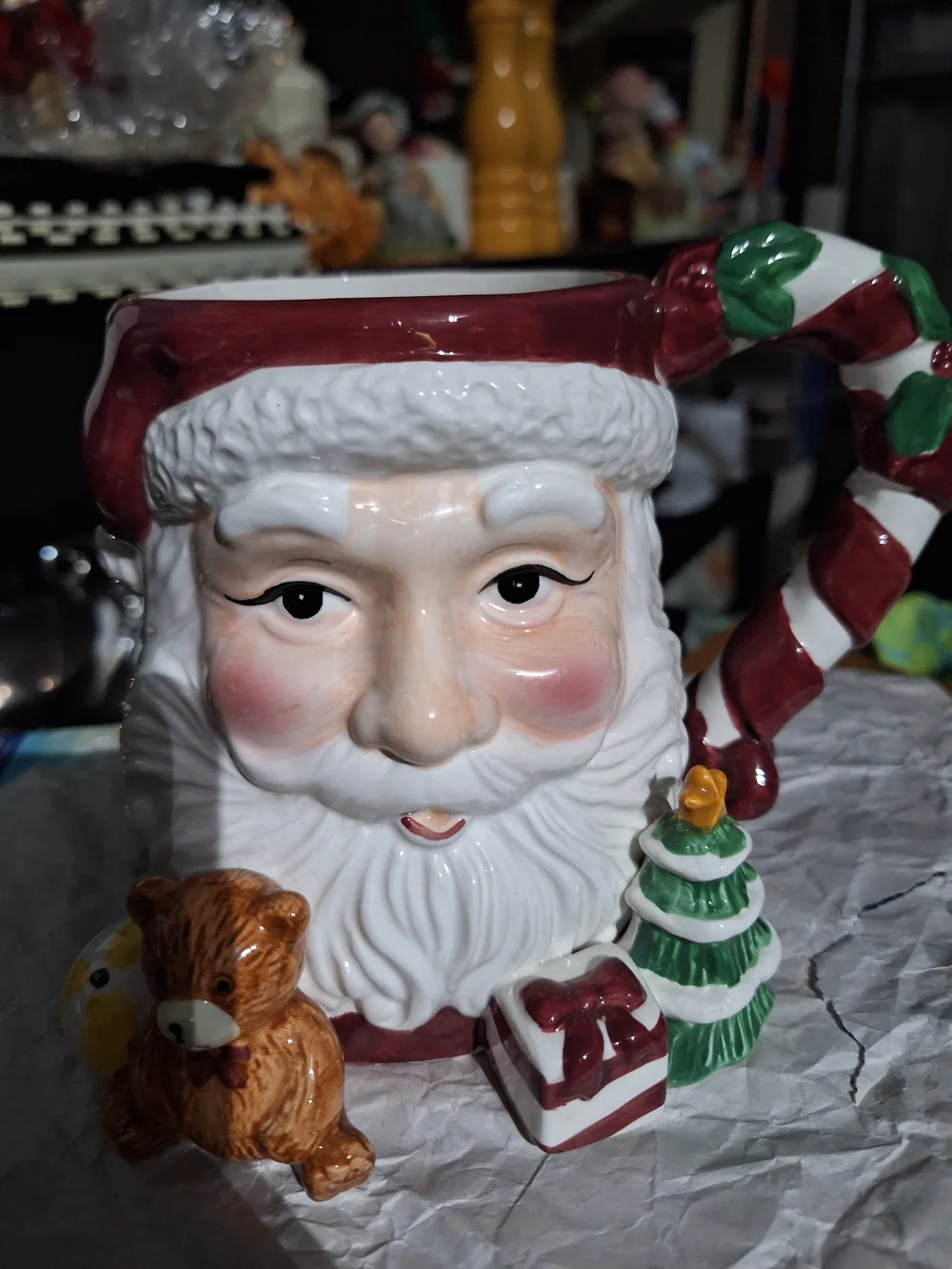 VINTAGE Santa Face Ceramic Mug with Teddy & Tree Accents - Red, White, Green